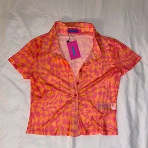 Edikted Mesh Button Up Wavy Checkered Top Size S